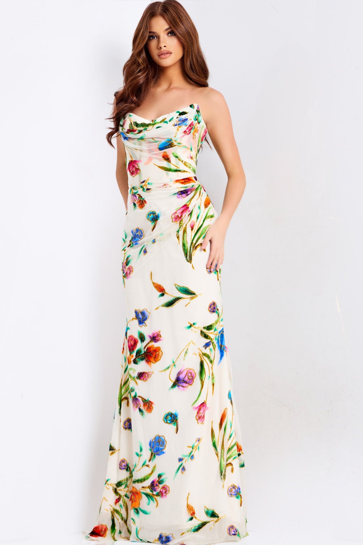 Jovani 47626 - Multicolor Floral Cowl Prom Dress In White and Multi