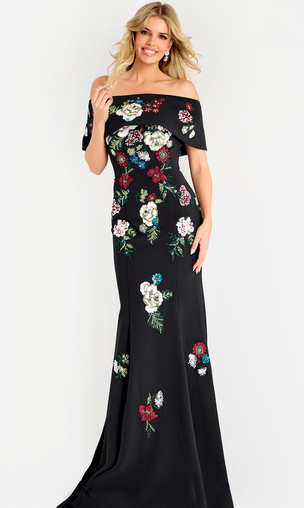 Jovani 47636 - Off Shoulder Floral Embroidered Crepe Gown