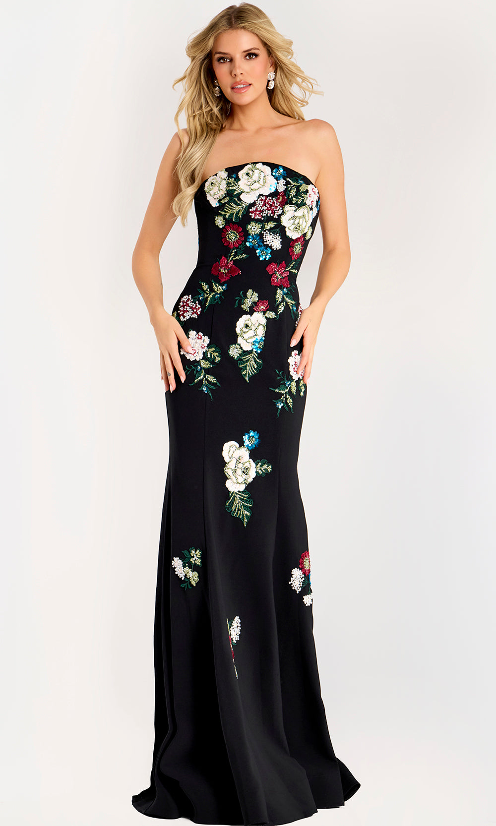 Jovani 47636 - Off Shoulder Floral Embroidered Crepe Gown
