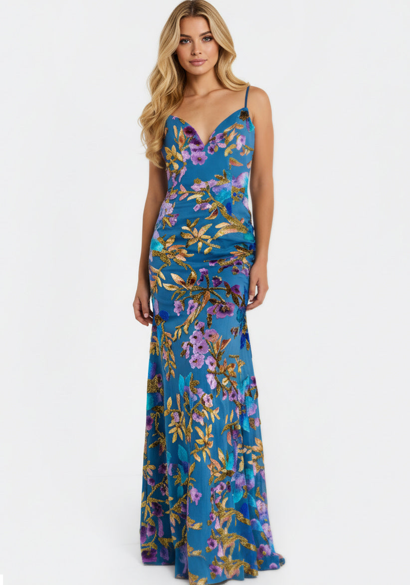 Jovani 47655 - Spaghetti Strap Floral Sequin Gown Prom Dresses in Blue and Multi