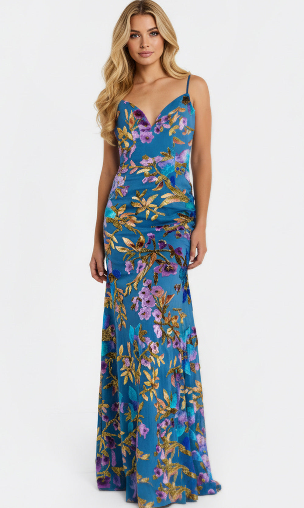 Jovani 47655 - Spaghetti Strap Floral Sequin Gown