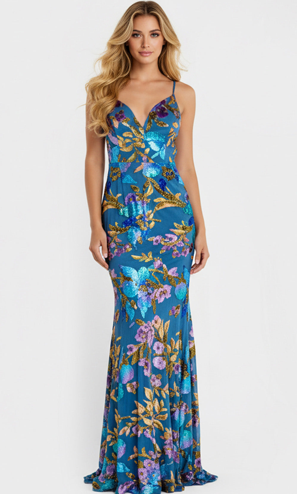 Jovani 47655 - Spaghetti Strap Floral Sequin Gown