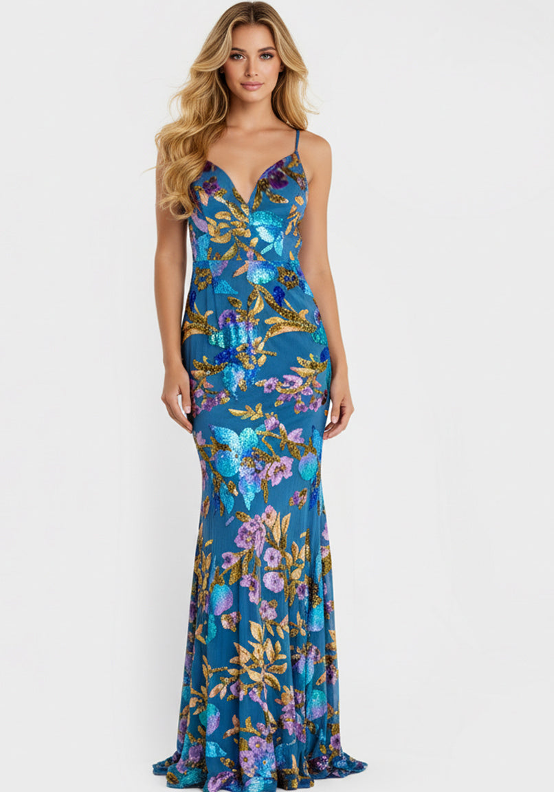 Jovani 47655 - Spaghetti Strap Floral Sequin Gown Prom Dresses in Blue and Multi