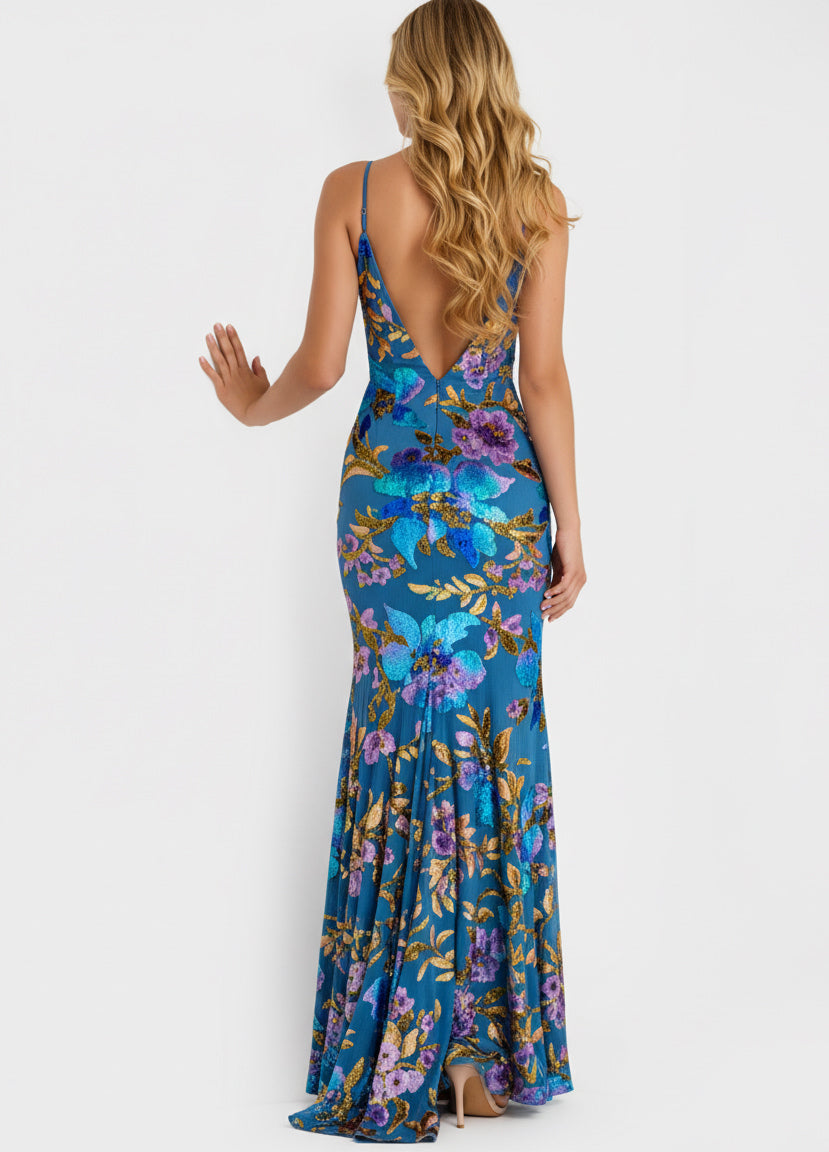 Jovani 47655 - Spaghetti Strap Floral Sequin Gown Prom Dresses in Blue and Multi