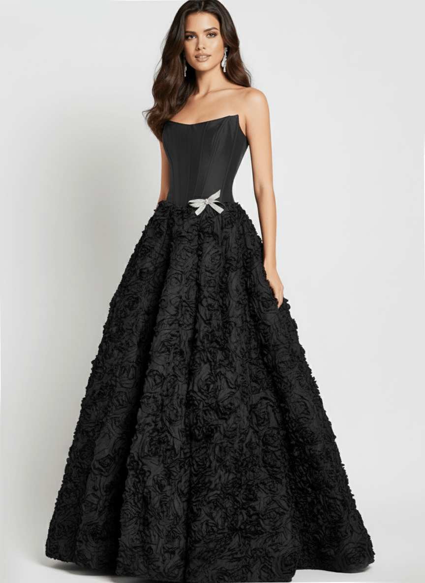Jovani 47695 - Textured Floral Gown with Corset Bodice Prom Dresses in Black
