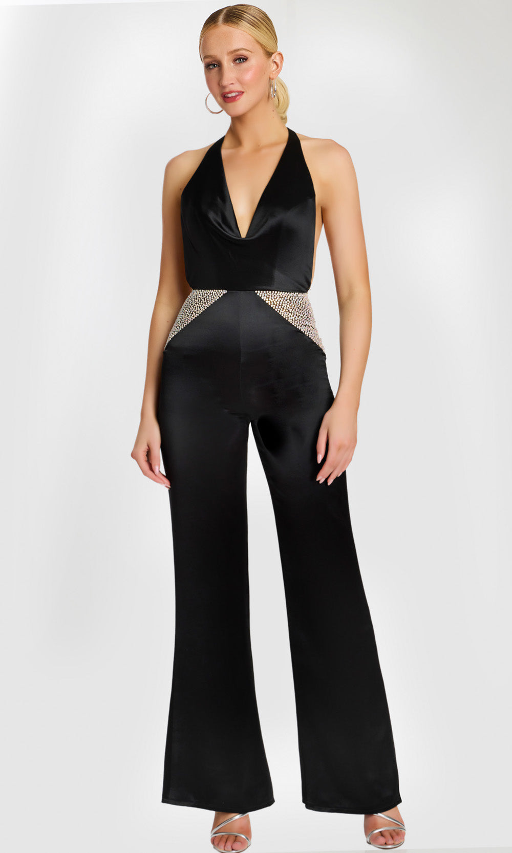 Jovani 47720 - Plunging Halter Jumpsuit with Crystal Detail Formal Pantsuits  in Black  