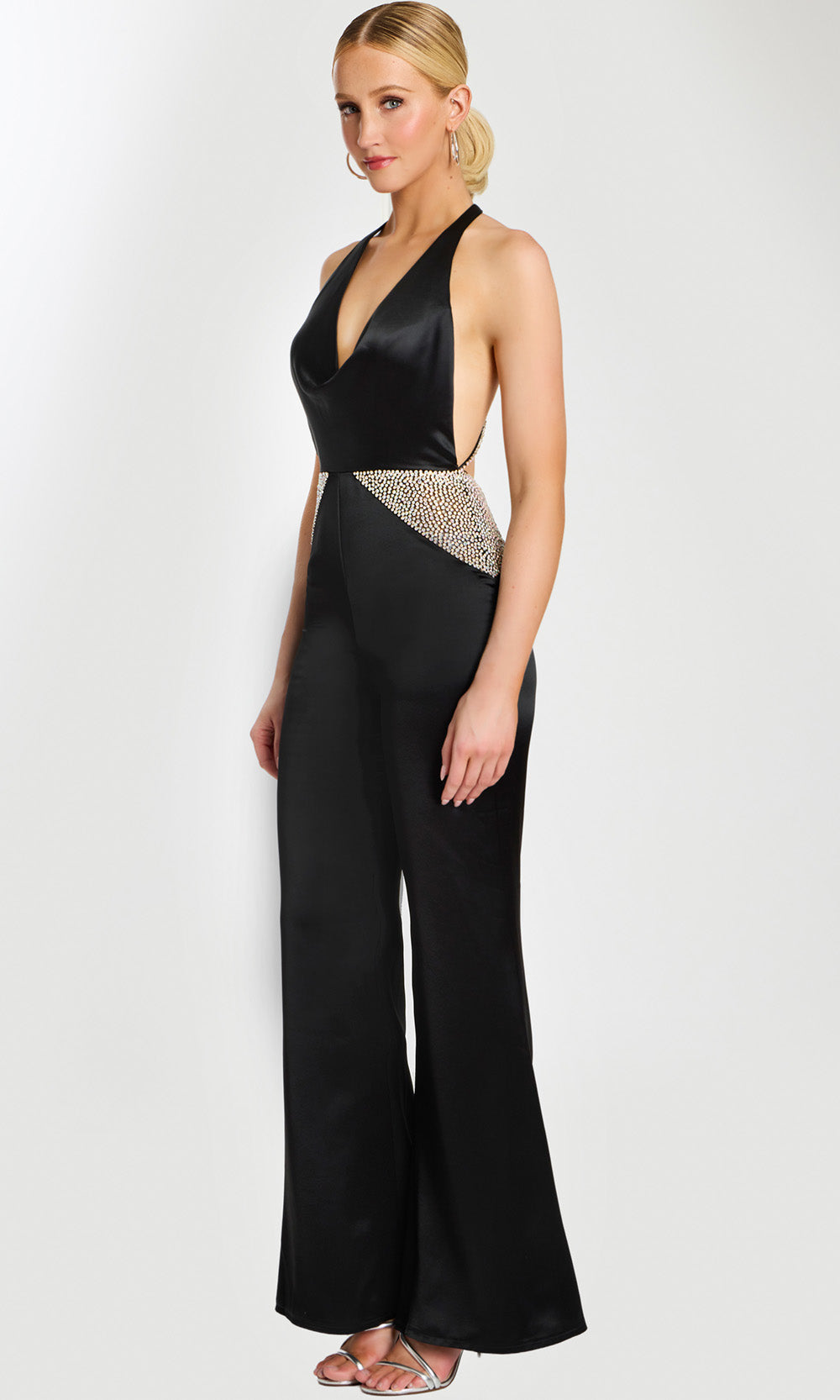 Jovani 47720 - Plunging Halter Jumpsuit with Crystal Detail Formal Pantsuits  in Black  