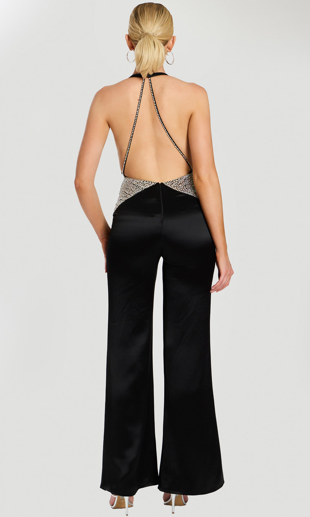 Jovani 47720 - Plunging Halter Jumpsuit with Crystal Detail Formal Pantsuits  in Black  