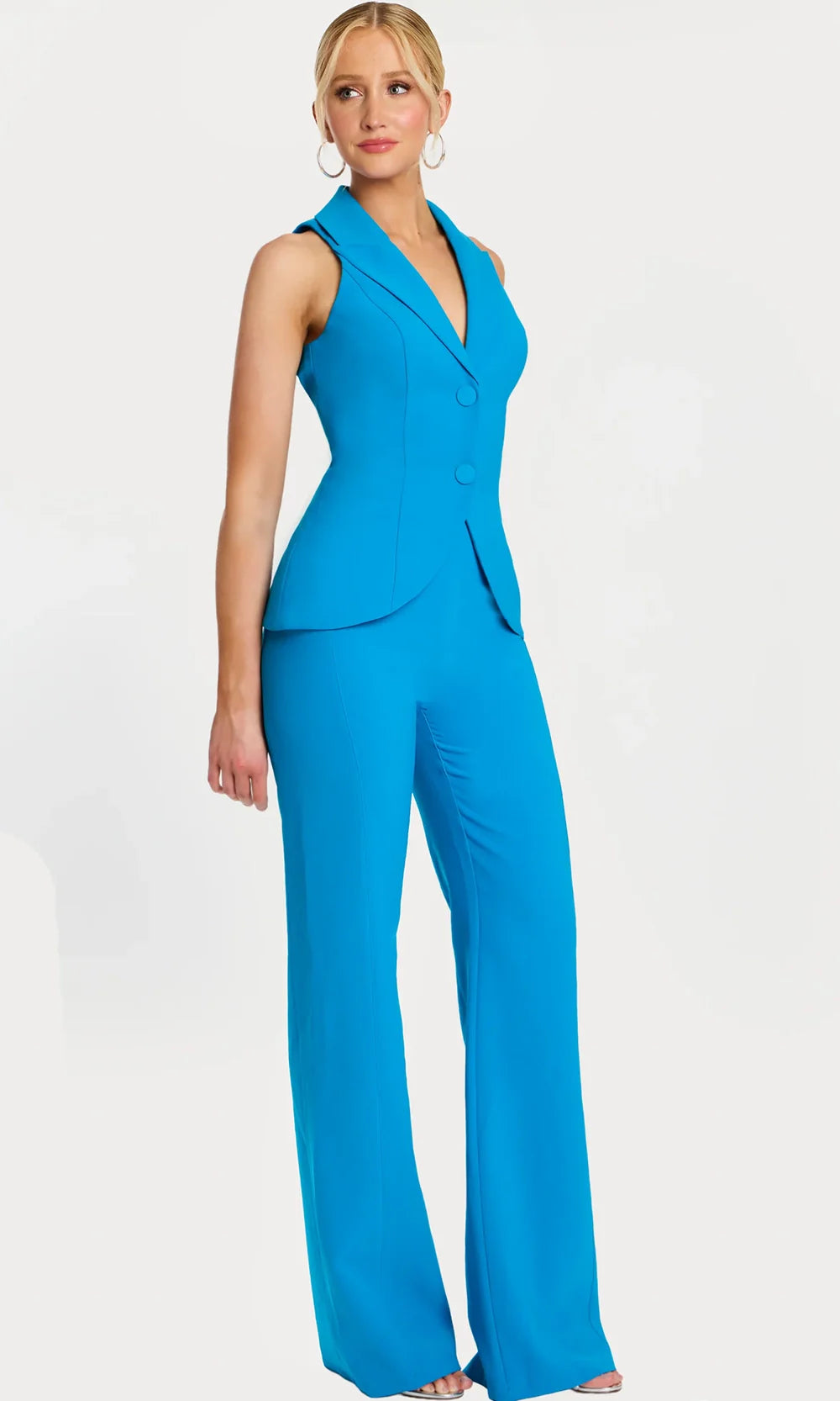 Jovani 47741 - Plunging V-Neck Sleeveless Tailored Pantsuit Formal Pantsuits  in Peacock 