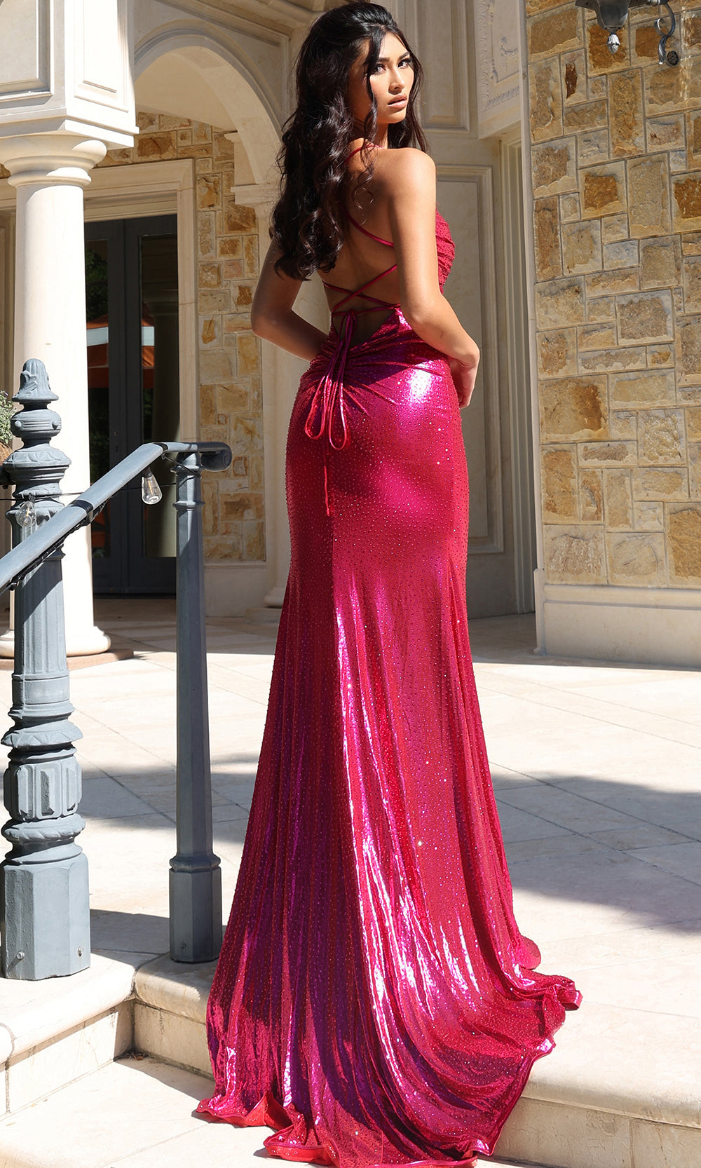 Jovani 47752 - Lace-Up Back Beaded Slit Gown Prom Dresses
