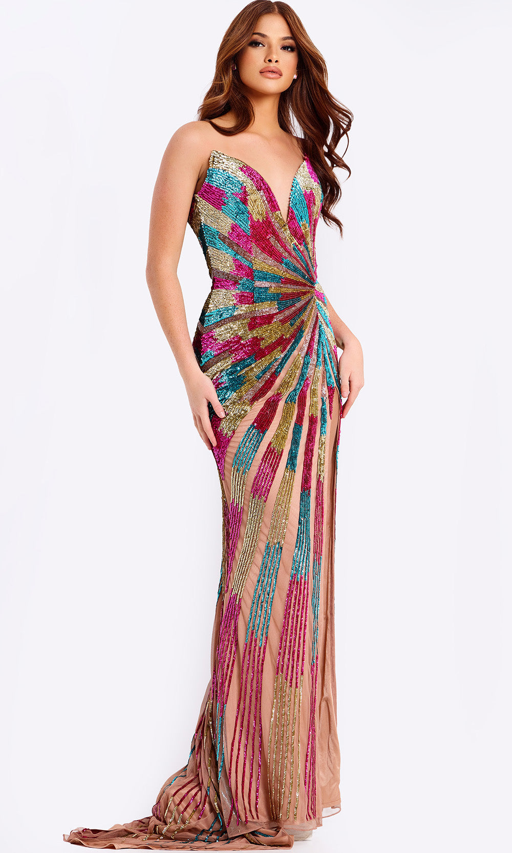 Jovani 47832 - Deep V-Neck Multicolor Fitted Gown