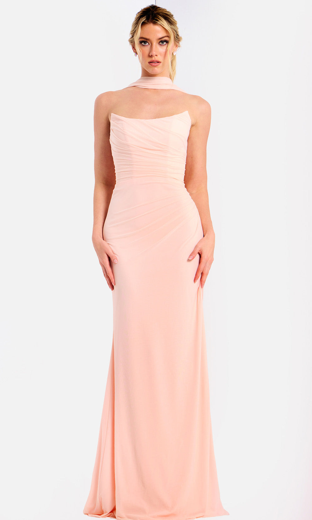 Jovani 47874 - Ruched Strapless Gown with Scarf Detail