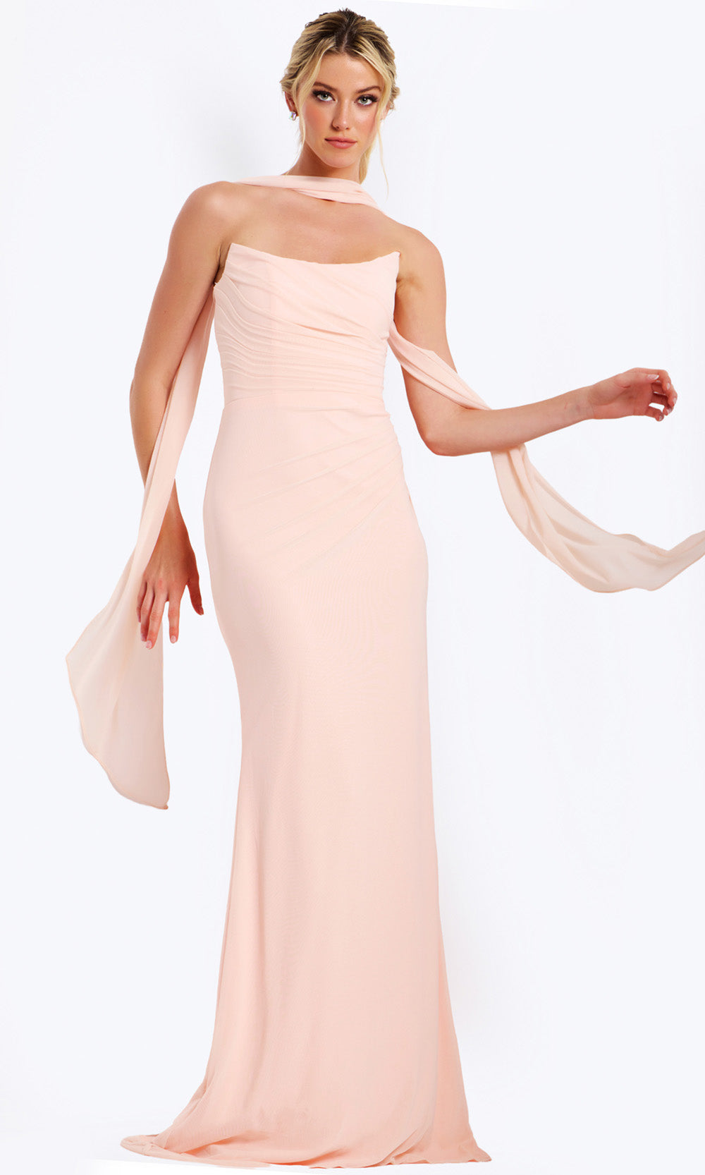 Jovani 47874 - Ruched Strapless Gown with Scarf Detail Prom Dresses