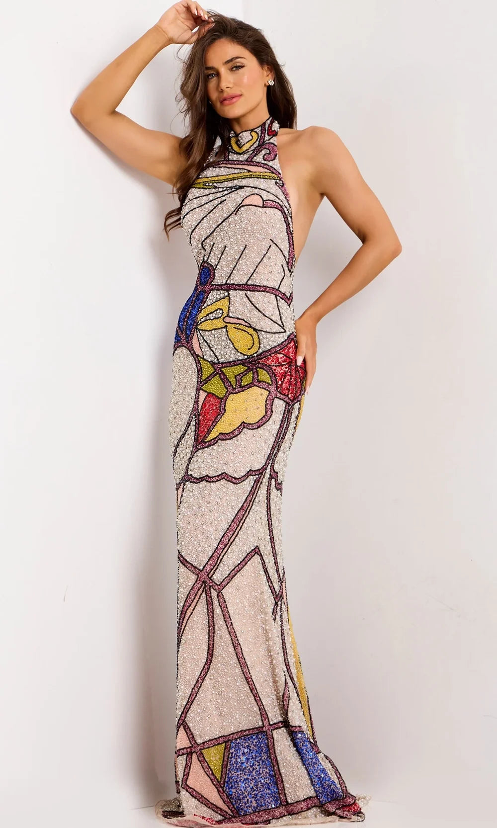 Jovani 47882 - Backless Multicolor Beaded Gown Special Occasion Dress In Blush Nude
