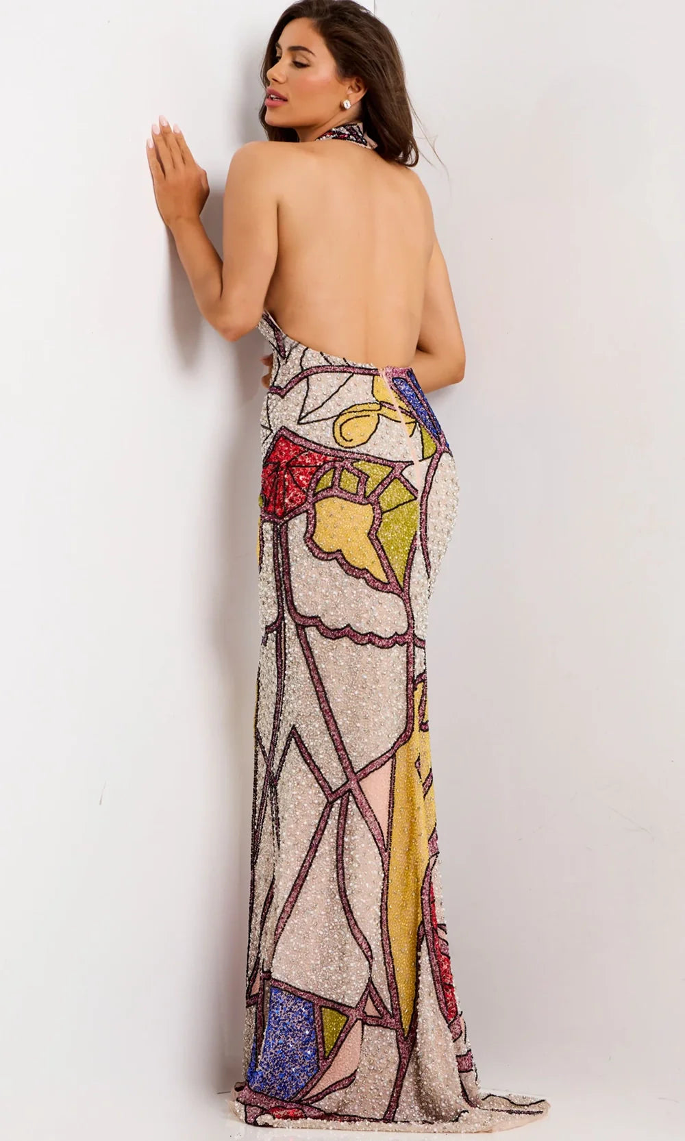 Jovani 47882 - Artistic Beaded Halter Sheath Gown Prom Dresses  in Blush Nude 