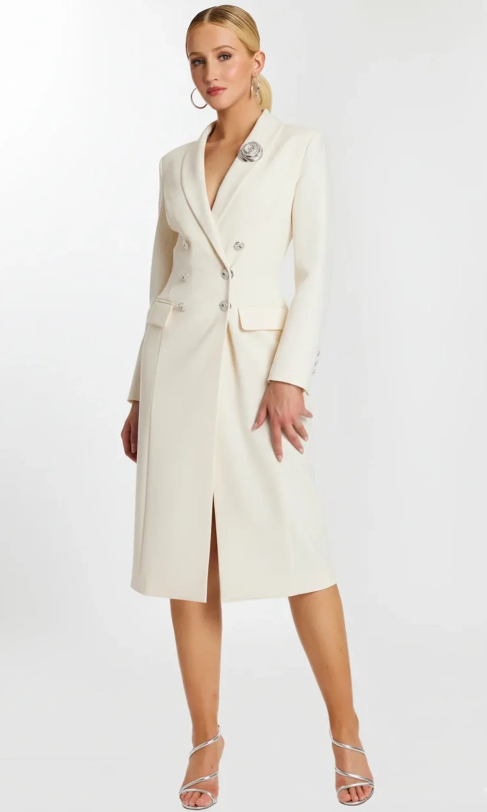 Jovani 47886 - Blazer Tea-Length Dress with Rose Brooch Special Occasion Dress In Ivory