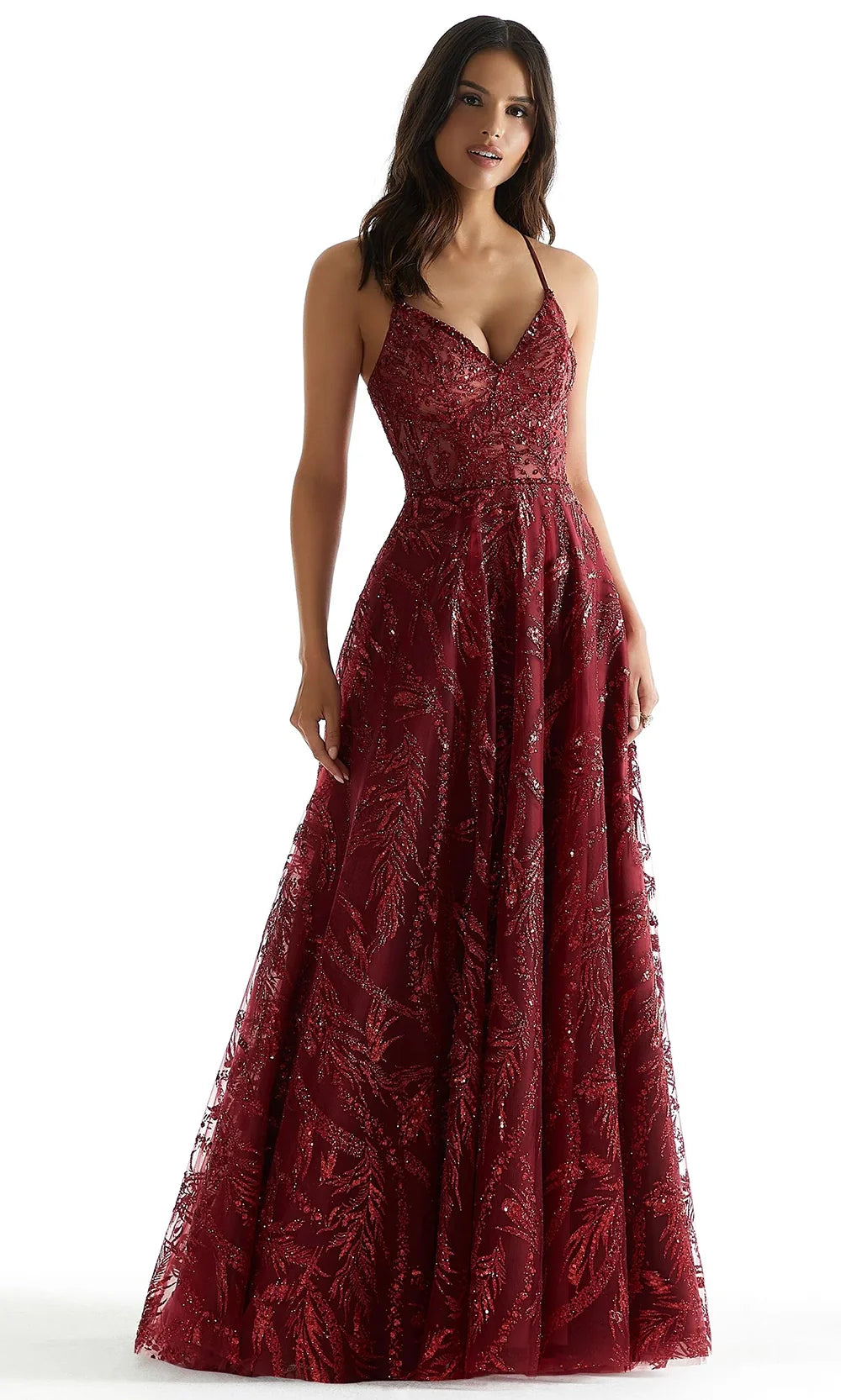 Mori Lee 49323 - Embellished V-Neck A-Line Prom Gown Prom Dresses in Sangria