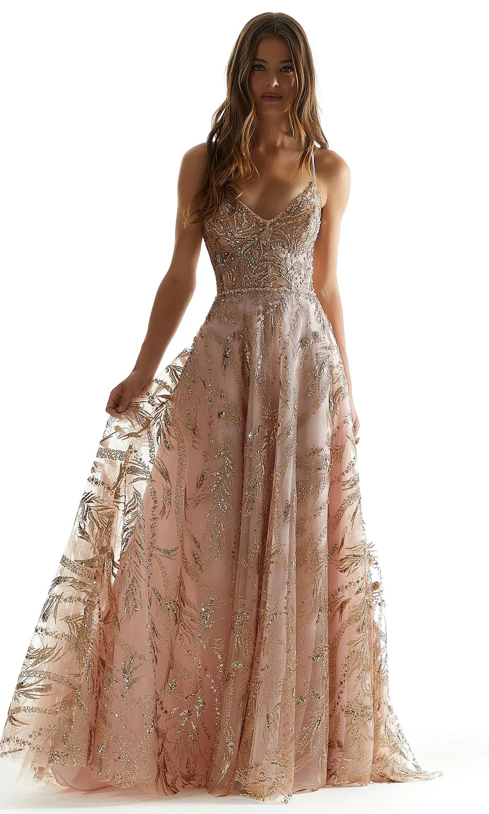 Mori Lee 49323 - Embellished V-Neck A-Line Prom Gown Prom Dresses in Blusrosgold