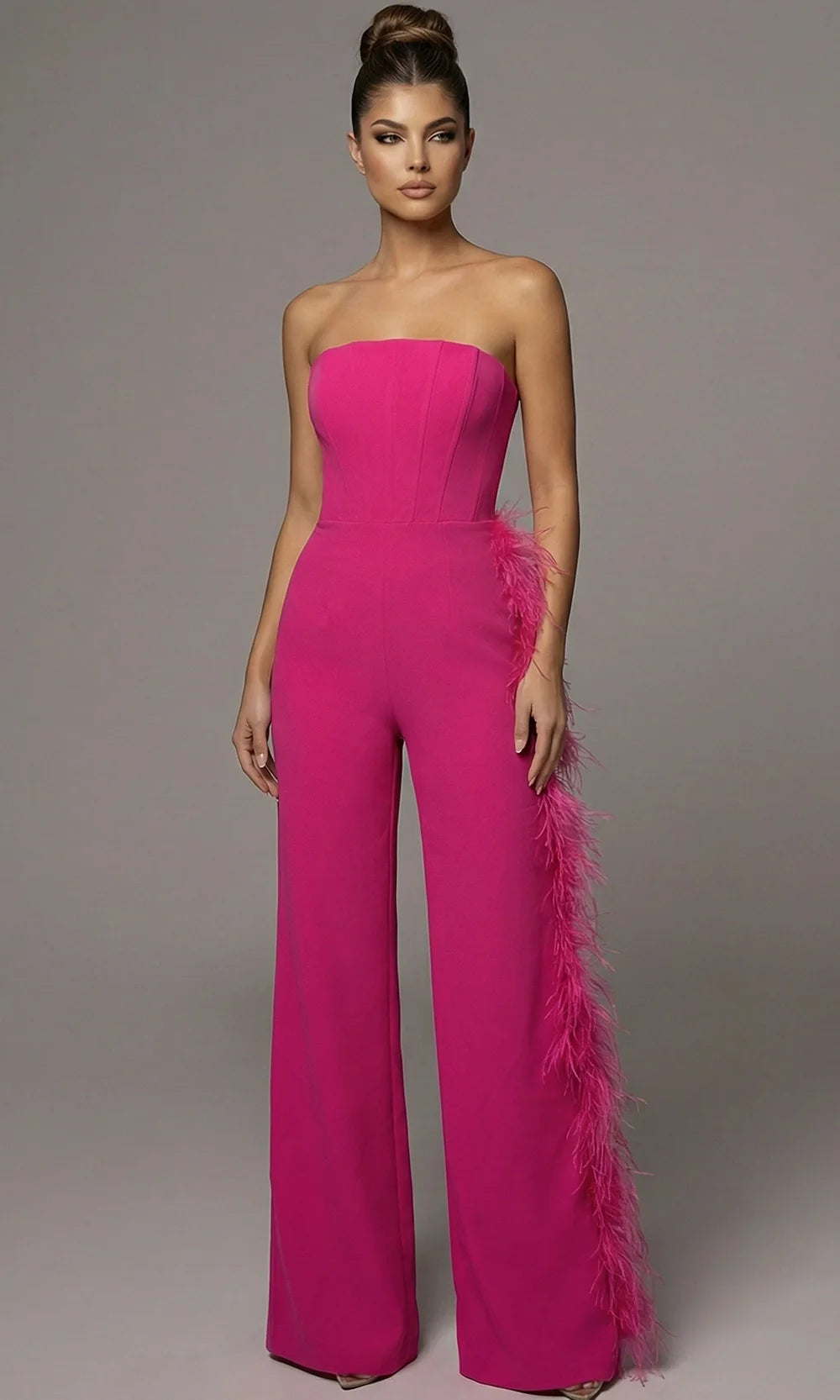 Jovani 48026 - Feather Detail Corset Bodice Jumpsuit Formal Pantsuits  in Fuchsia 