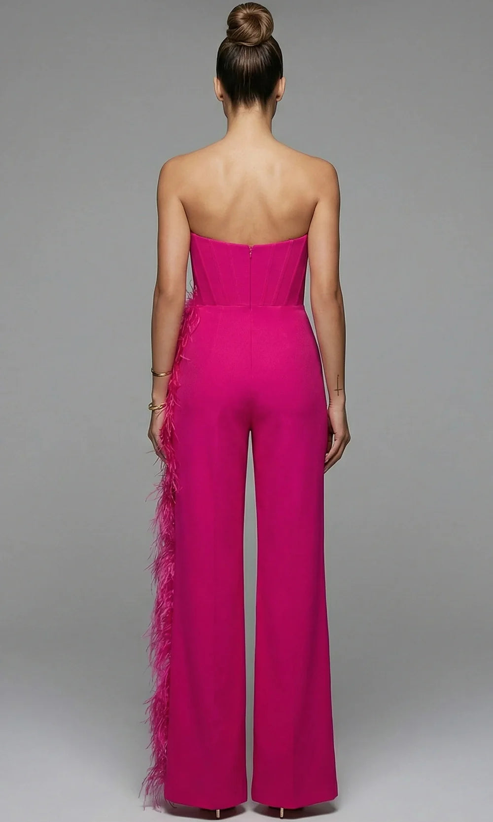 Jovani 48026 - Feather Detail Corset Bodice Jumpsuit Formal Pantsuits  in Fuchsia 