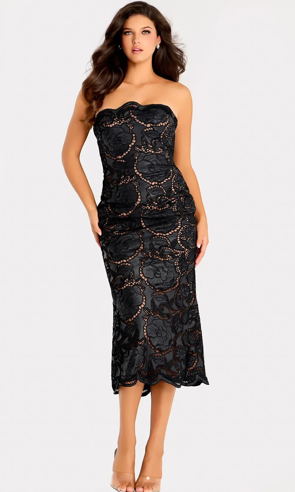 Jovani 48099 - Scalloped Hem Floral Lace Midi Dress Special Occasion Dress In Black Nude