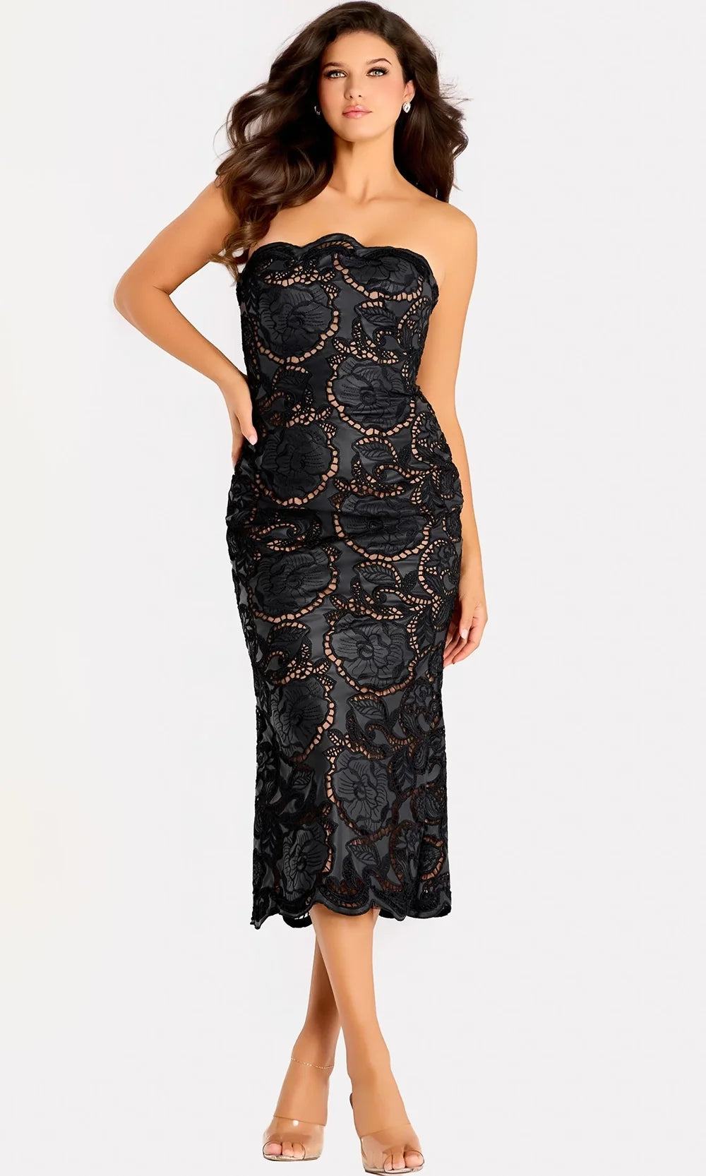 Jovani 48099 - Scalloped Hem Floral Lace Midi Dress Special Occasion Dress In Black Nude