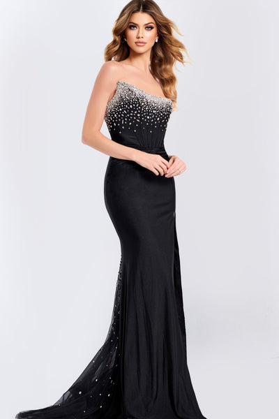 Jovani 48122 - Crystal Beaded Knotted Waist Prom Gown Prom Dresses in In Black