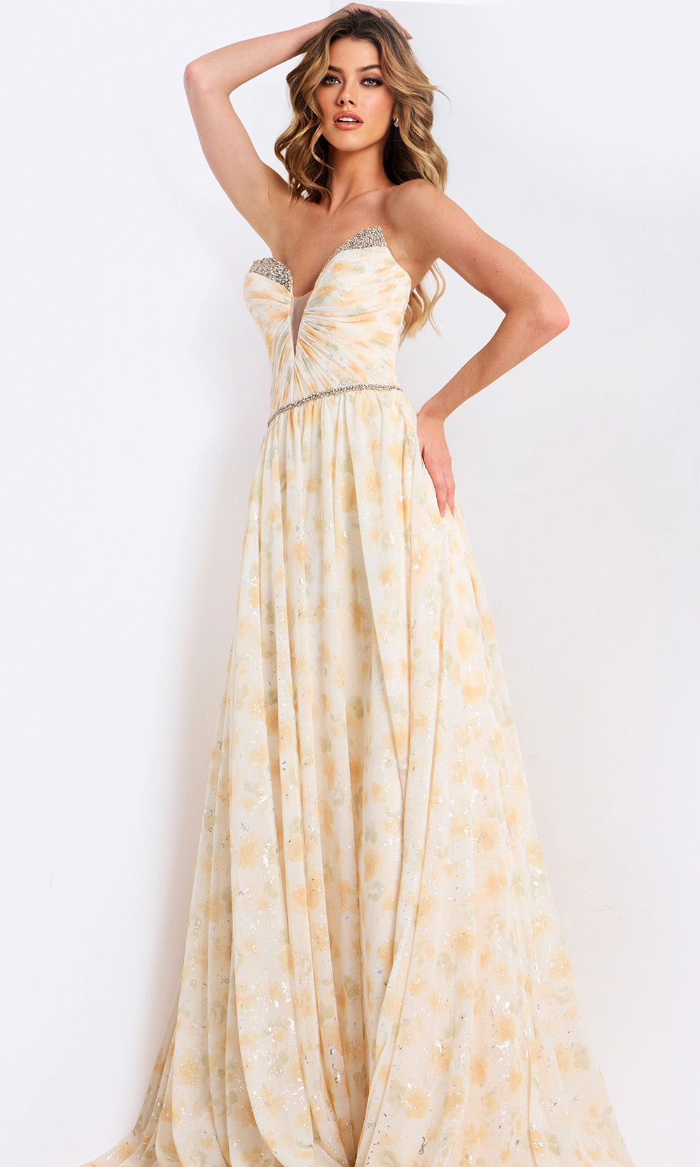 Jovani 48139 - Beaded Accent Strapless Chiffon Dress