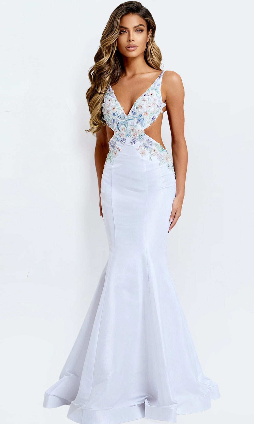 Jovani 48176 - Cutout V-Neckline Floral Beaded Gown