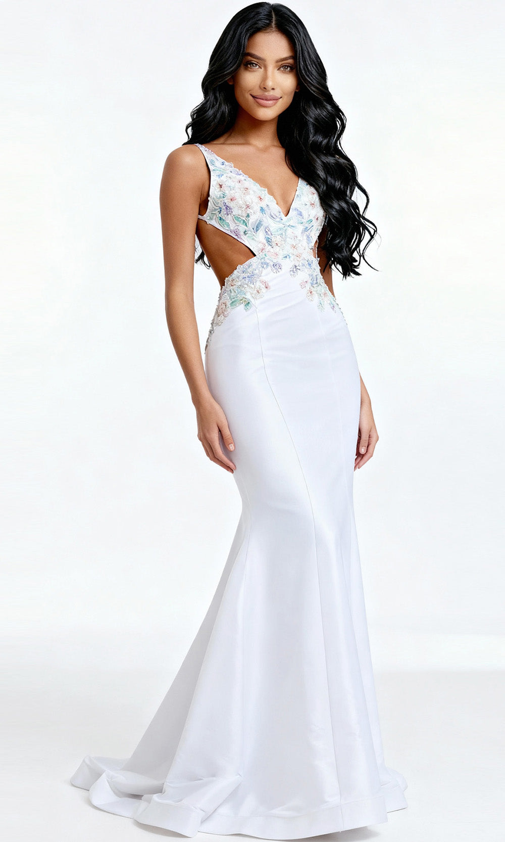 Jovani 48176 - Cutout V-Neckline Floral Beaded Gown