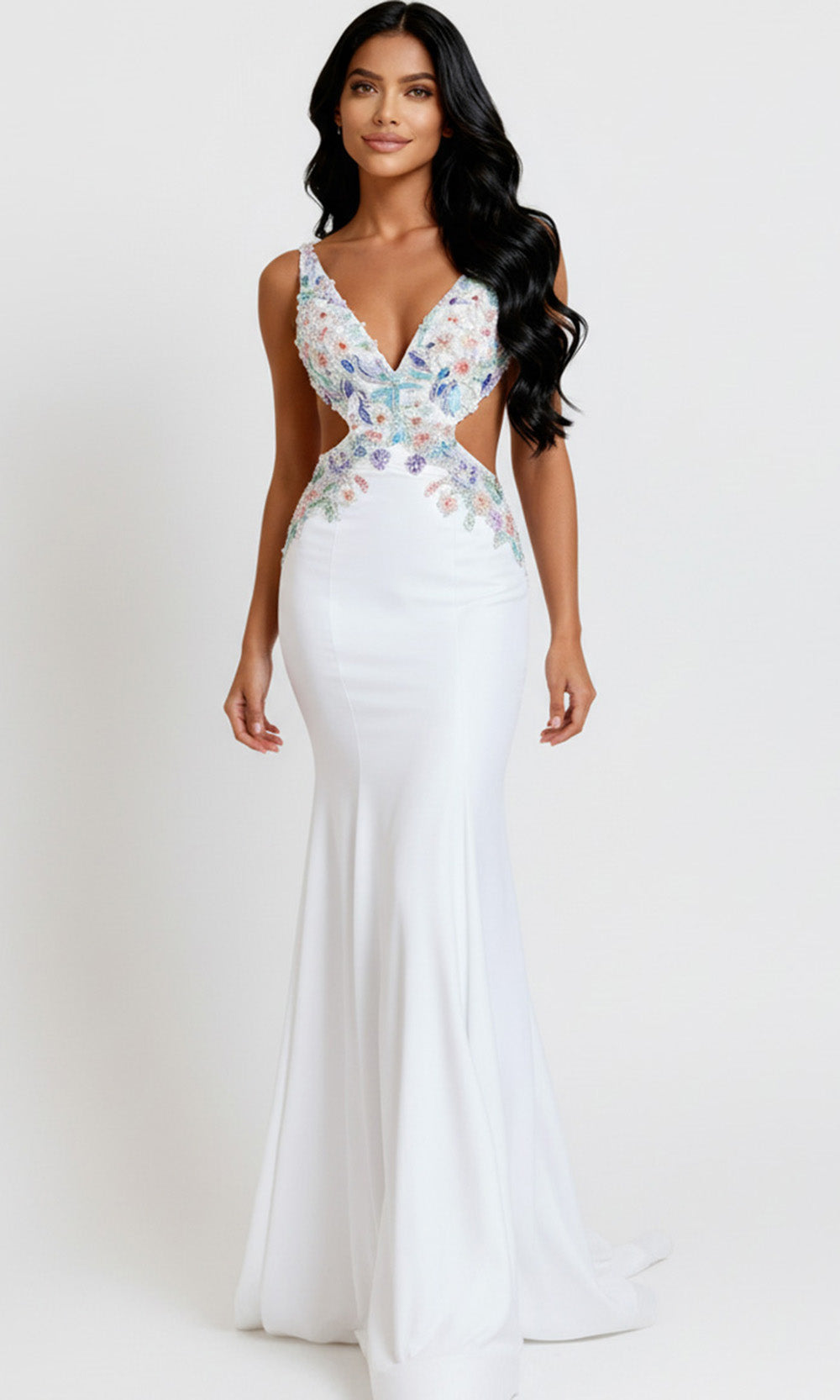 Jovani 48176 - Cutout V-Neckline Floral Beaded Gown