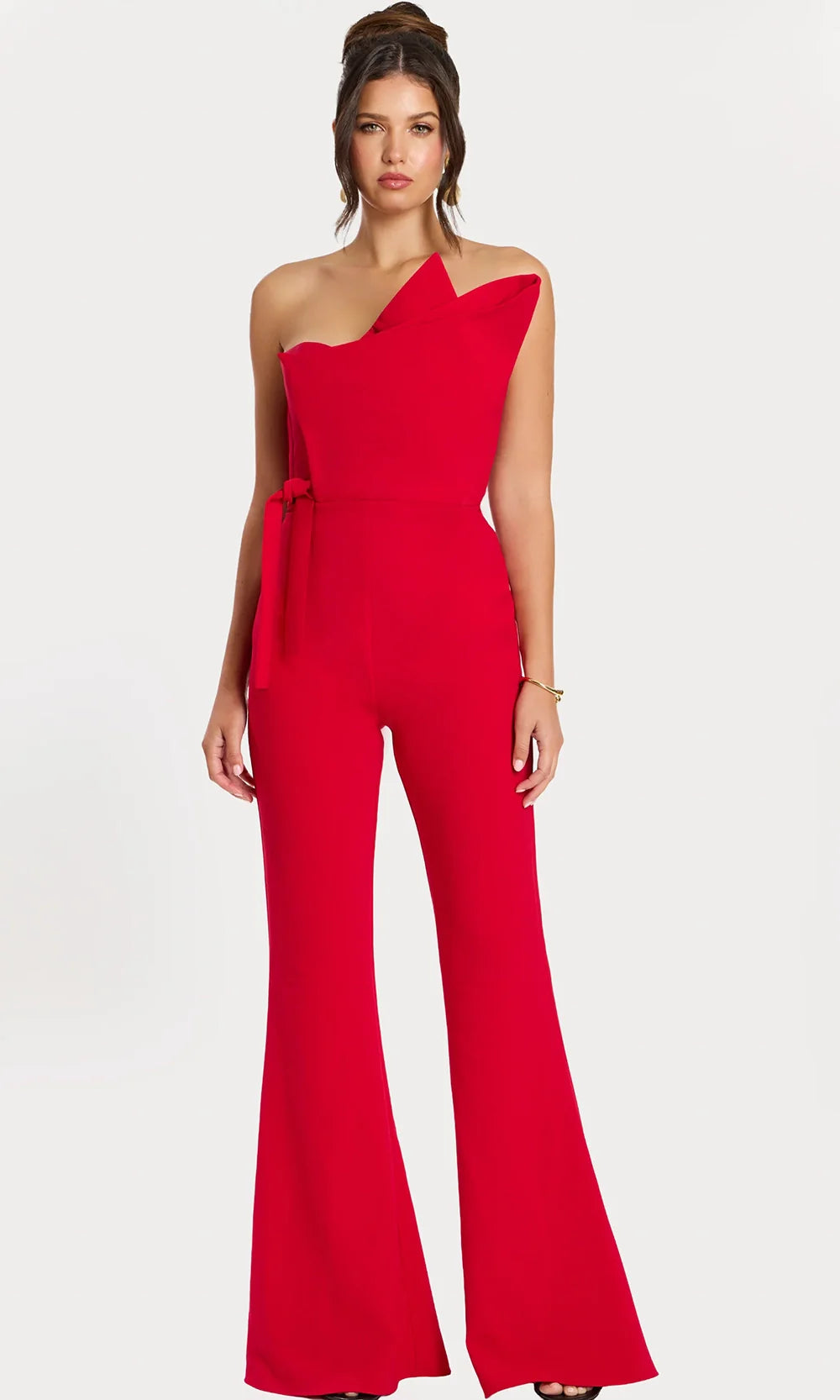 Jovani 48206 - Waist Tie Asymmetric Crepe Jumpsuit Formal Pantsuits  in Red  