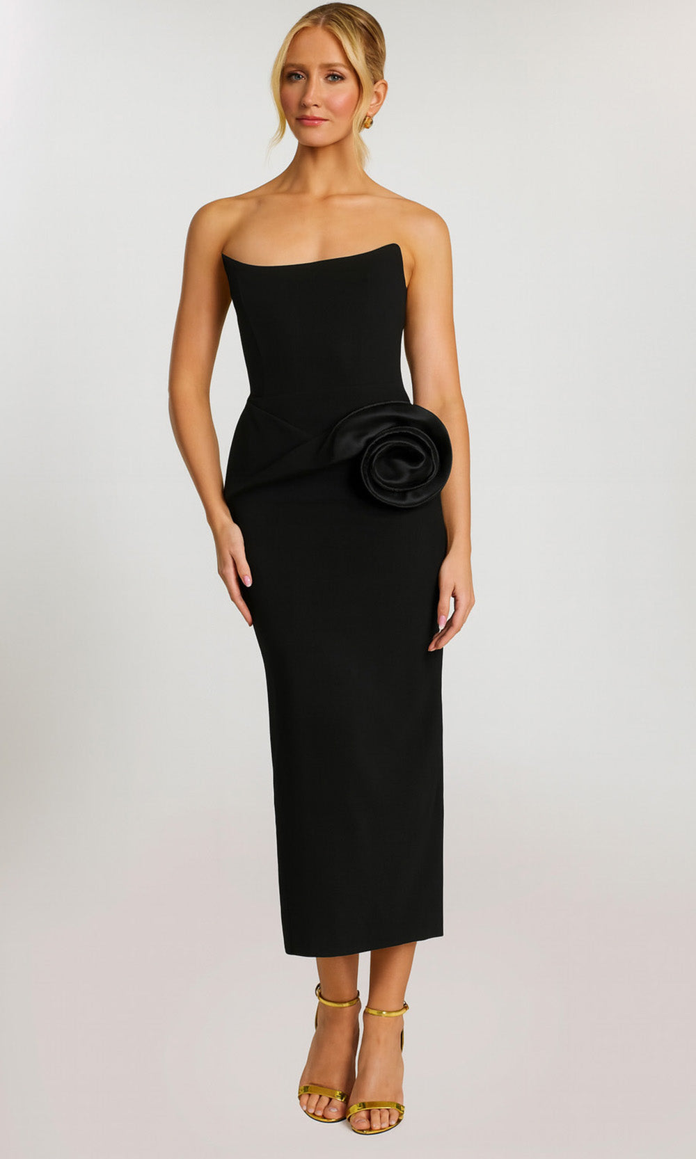 Jovani 48208 - Back Slit Strapless Tea-Length Dress
