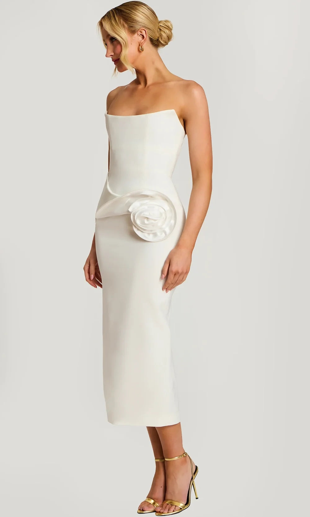 Jovani 48208 - Back Slit Strapless Tea-Length Dress