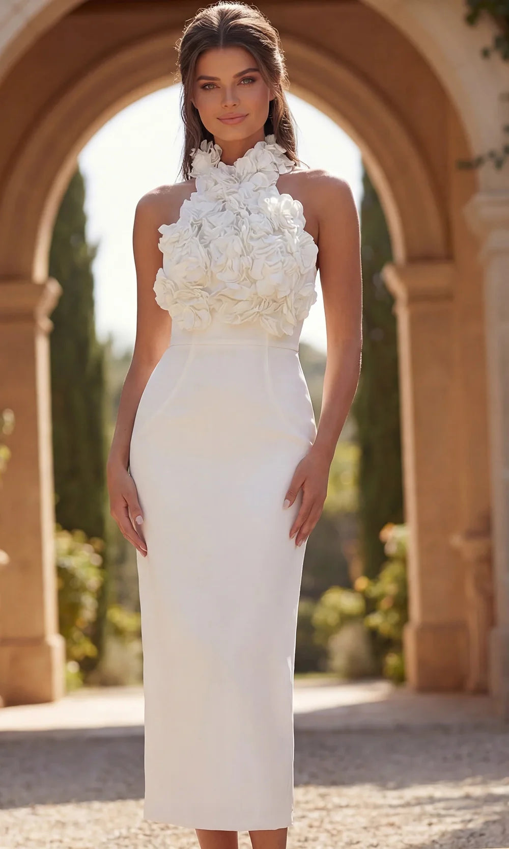 Jovani Bridal 48214 - Open Back Floral Applique Midi Dress Mother of the Bride Dresses  in Off White