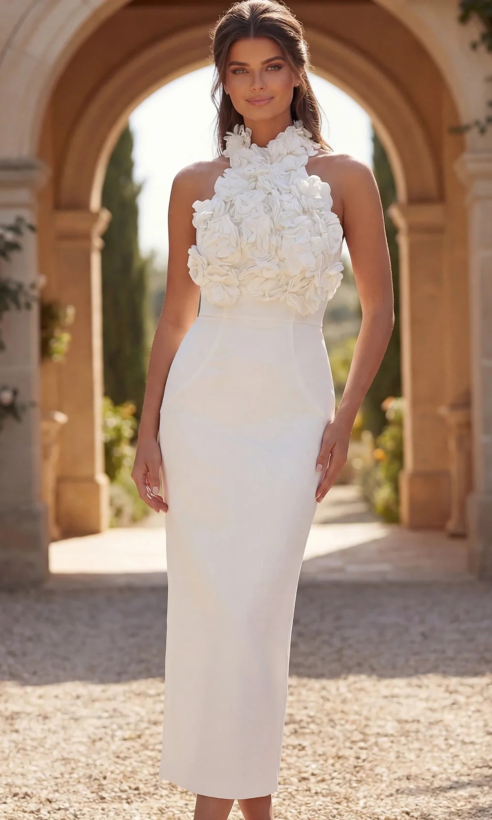 Jovani Bridal 48214 - Open Back Floral Applique Midi Dress Mother of the Bride Dresses  in Off White