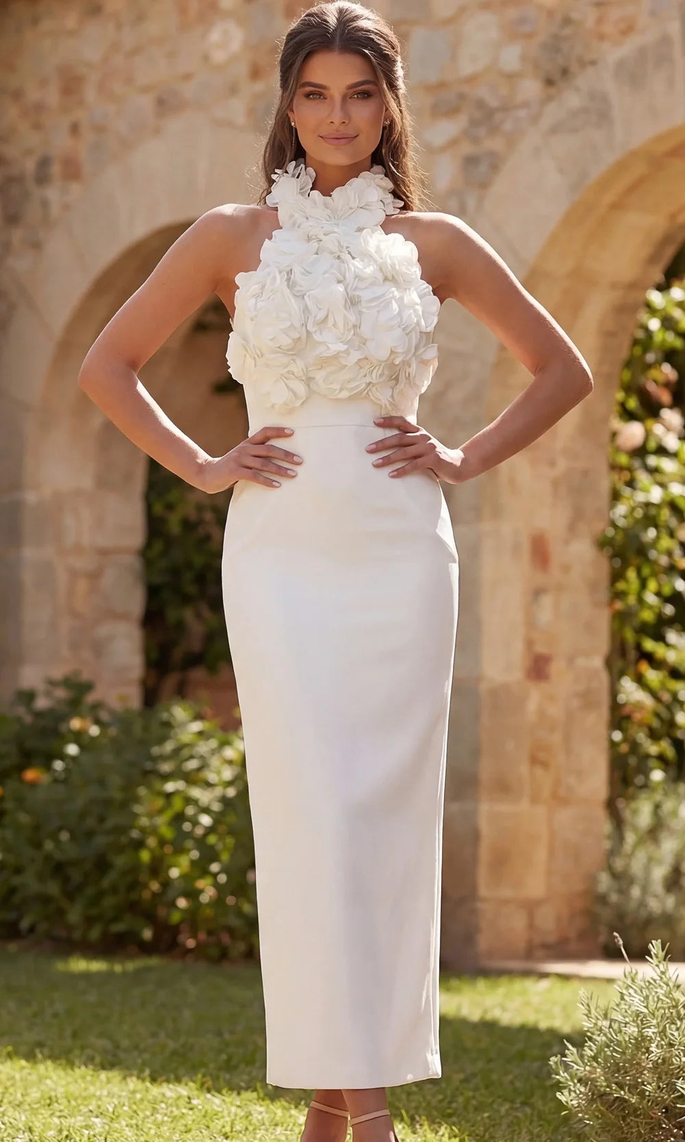 Jovani Bridal 48214 - Open Back Floral Applique Midi Dress Mother of the Bride Dresses  in Off White