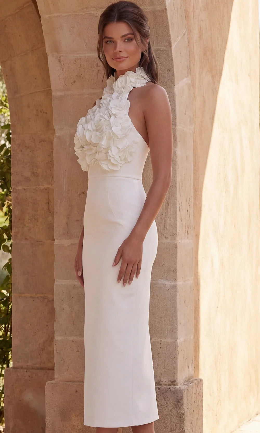 Jovani Bridal 48214 - Open Back Floral Applique Midi Dress Mother of the Bride Dresses  in Off White