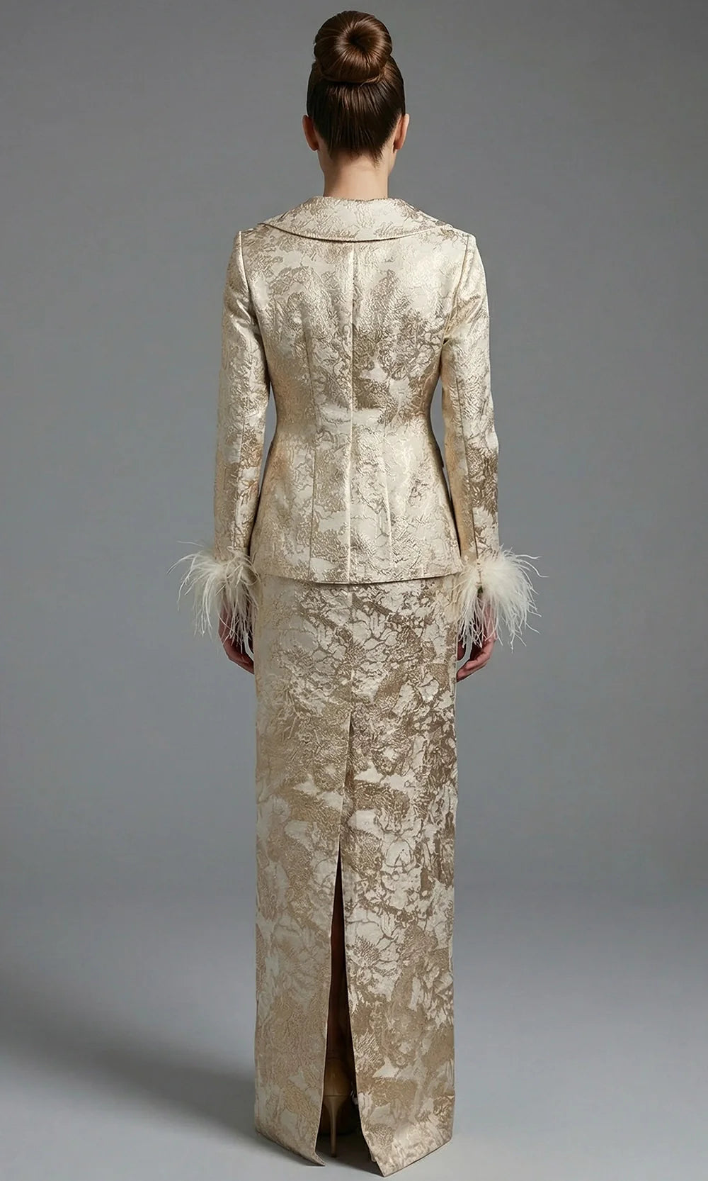 Jovani 48224 - Feather Trim Brocade Long Gown Evening Dresses  in Gold Champagne