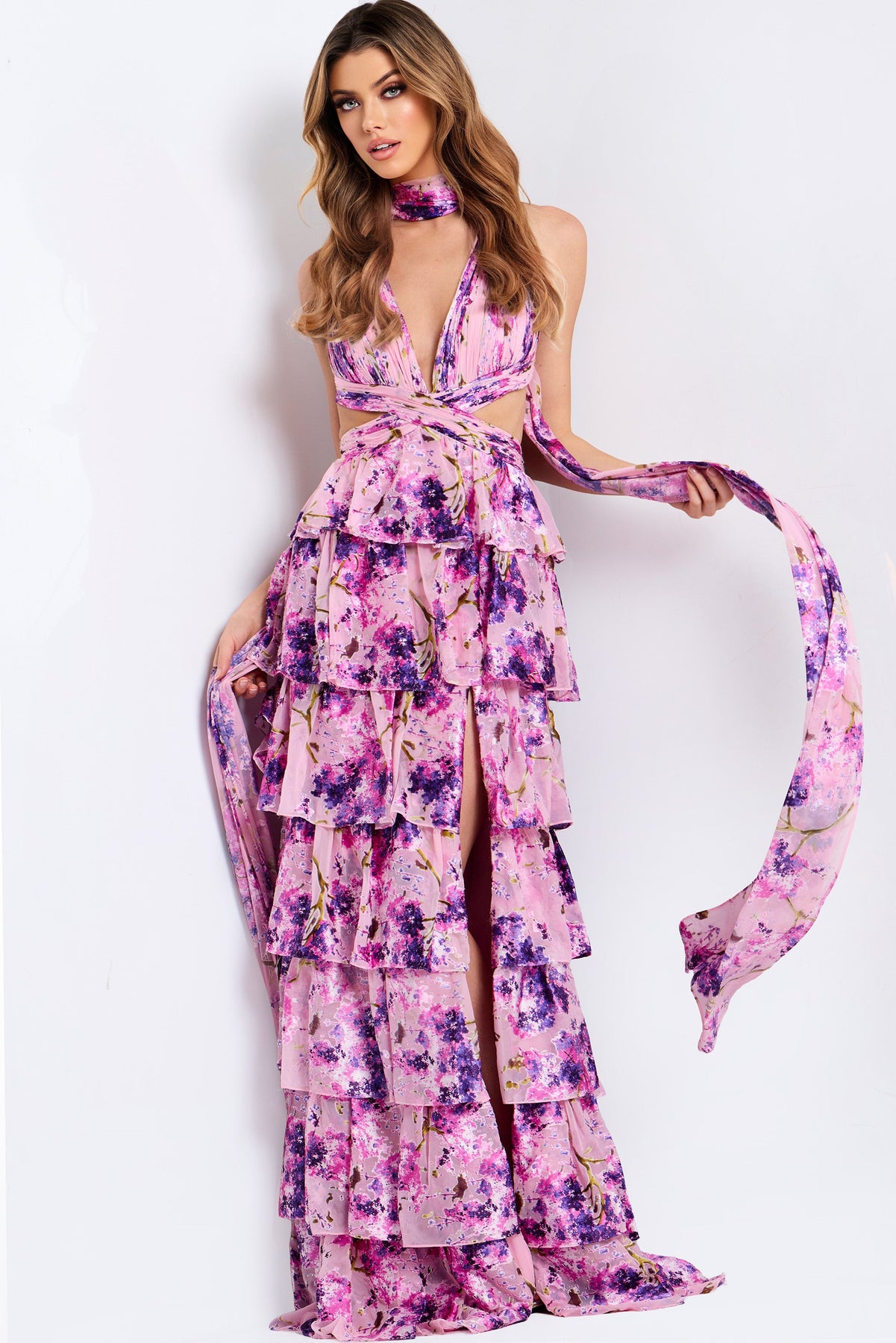 Jovani 48234 - Side Cutout Plunging V-Neck Floral Dress Prom Dresses Slit In Pink 