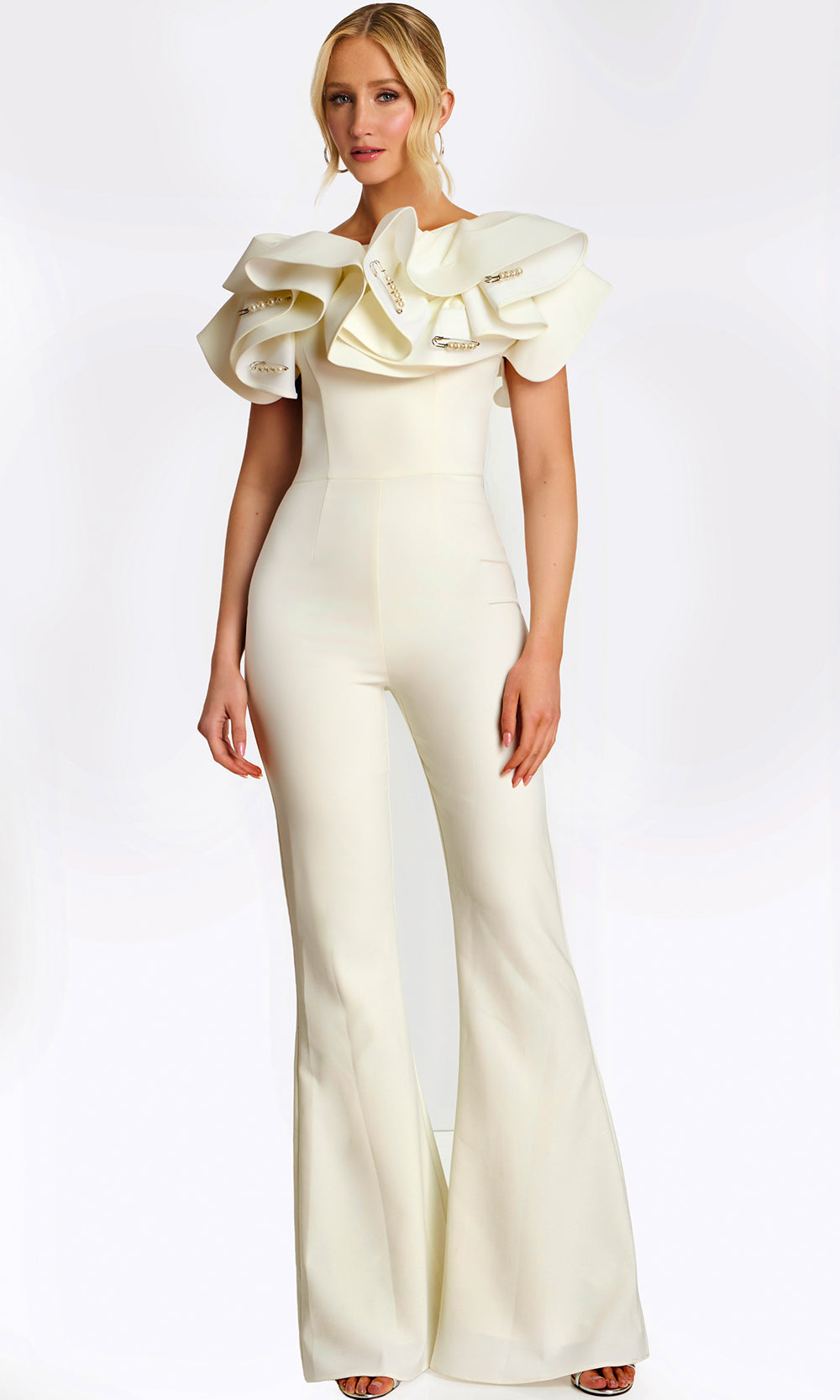 Jovani 48254 - Pearl Pin Detail Flared Jumpsuit with Ruffles Formal Pantsuits  in Bridal White 