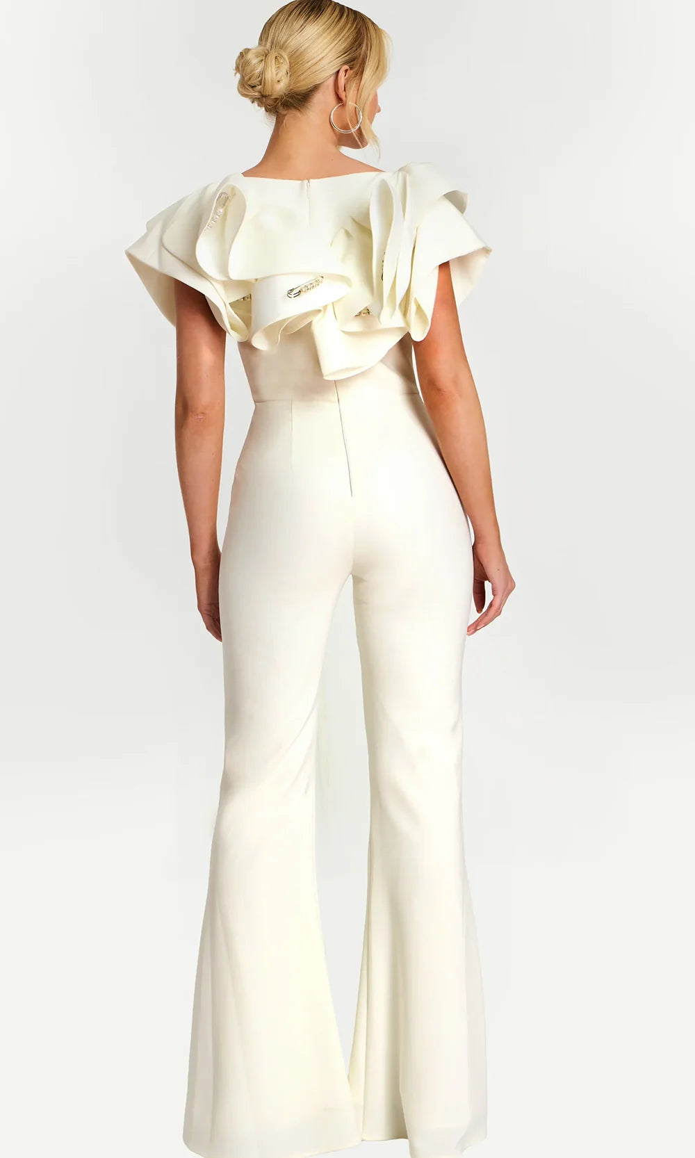 Jovani 48254 - Pearl Pin Detail Flared Jumpsuit with Ruffles Formal Pantsuits  in Bridal White 