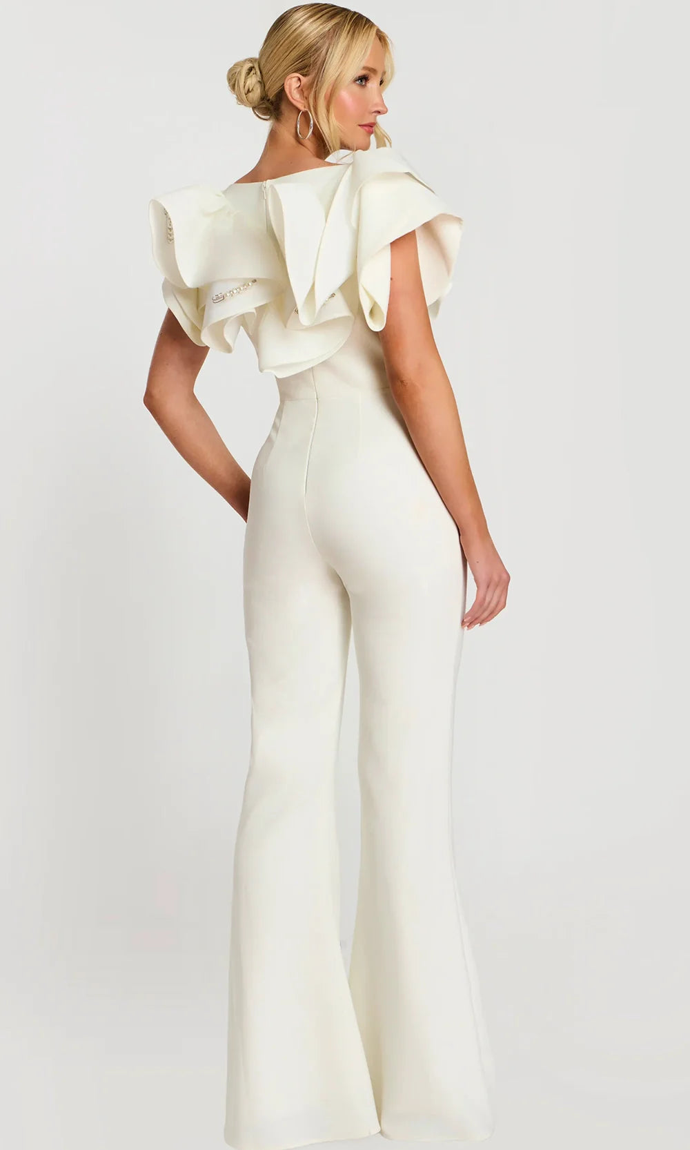 Jovani 48254 - Pearl Pin Detail Flared Jumpsuit with Ruffles Formal Pantsuits  in Bridal White 