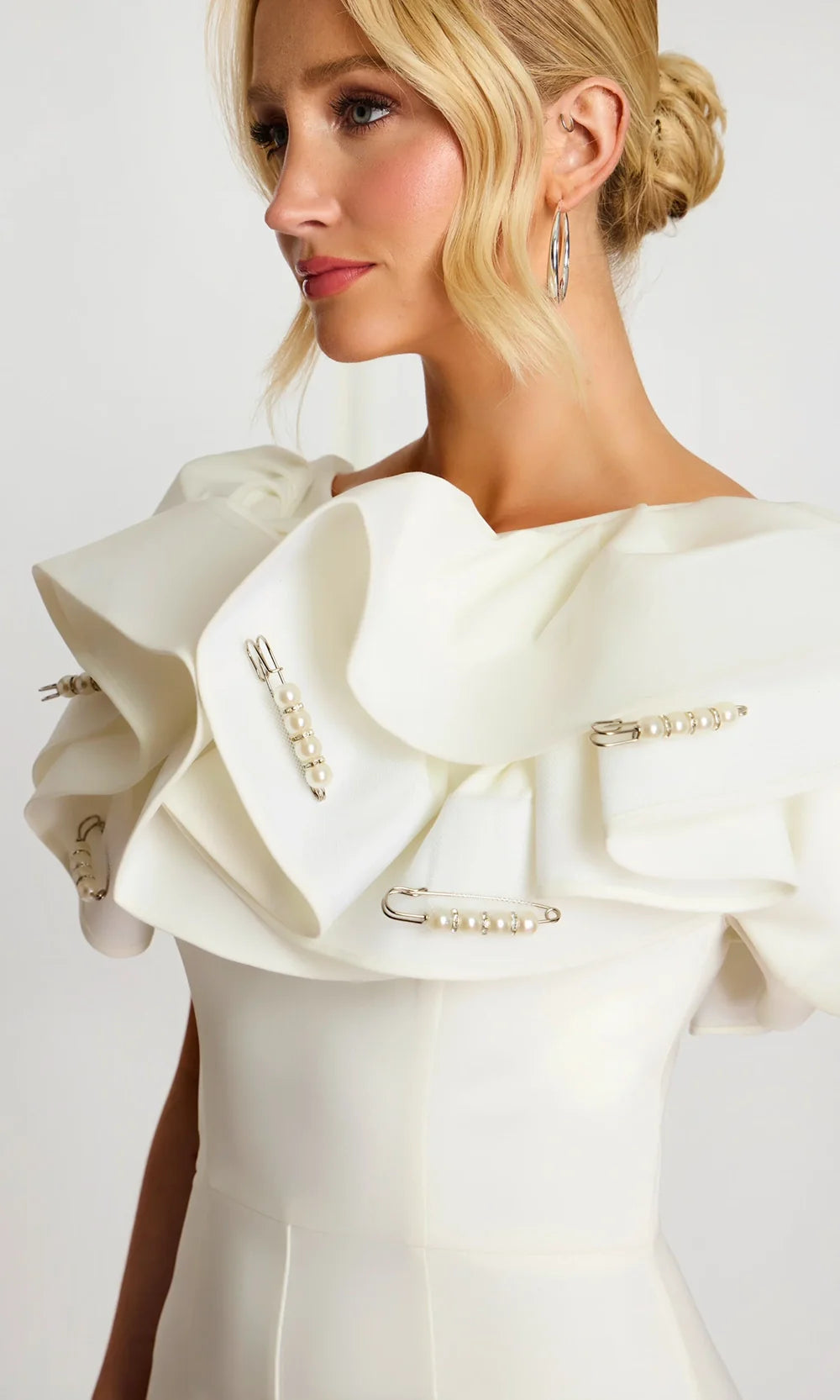 Jovani 48254 - Pearl Pin Detail Flared Jumpsuit with Ruffles Formal Pantsuits  in Bridal White 
