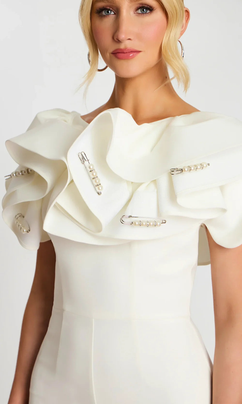 Jovani 48254 - Pearl Pin Detail Flared Jumpsuit with Ruffles Formal Pantsuits  in Bridal White 