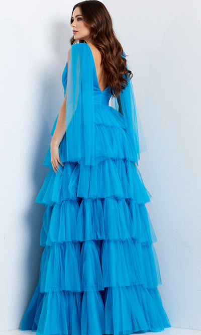 Jovani 48288 - Plunging Neck Tiered A-Line Gown Prom Dresses