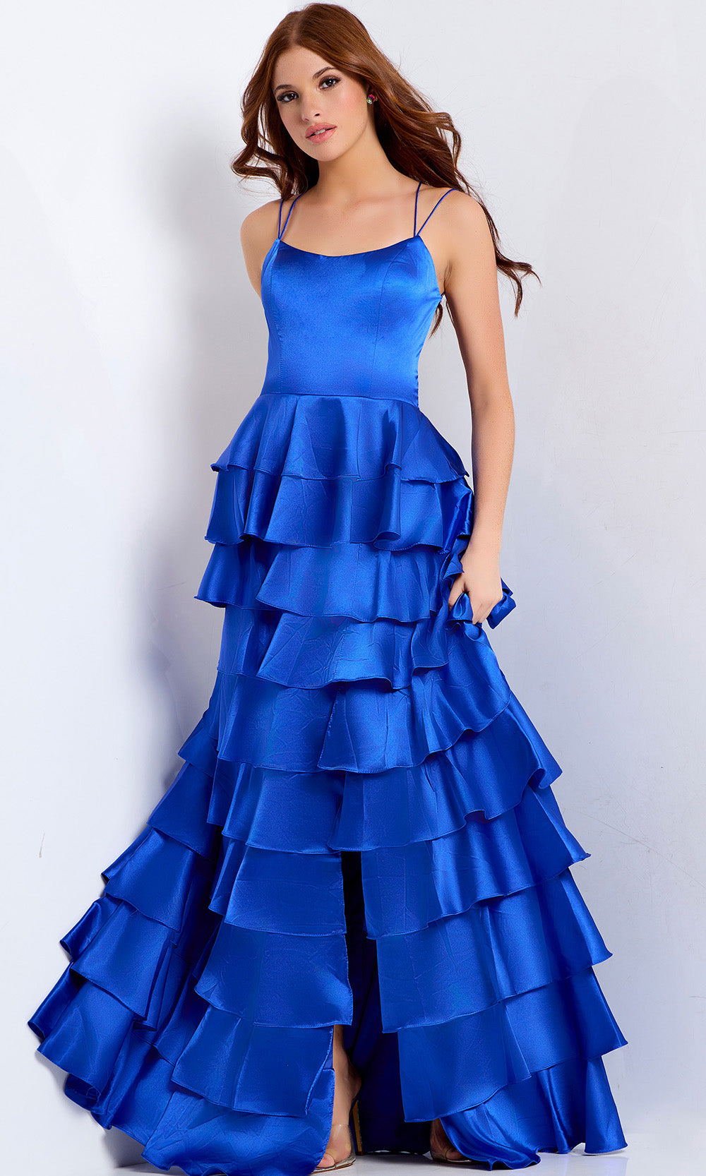 Jovani 48295 - Spaghetti Strap Tiered Satin Gown Prom Dresses