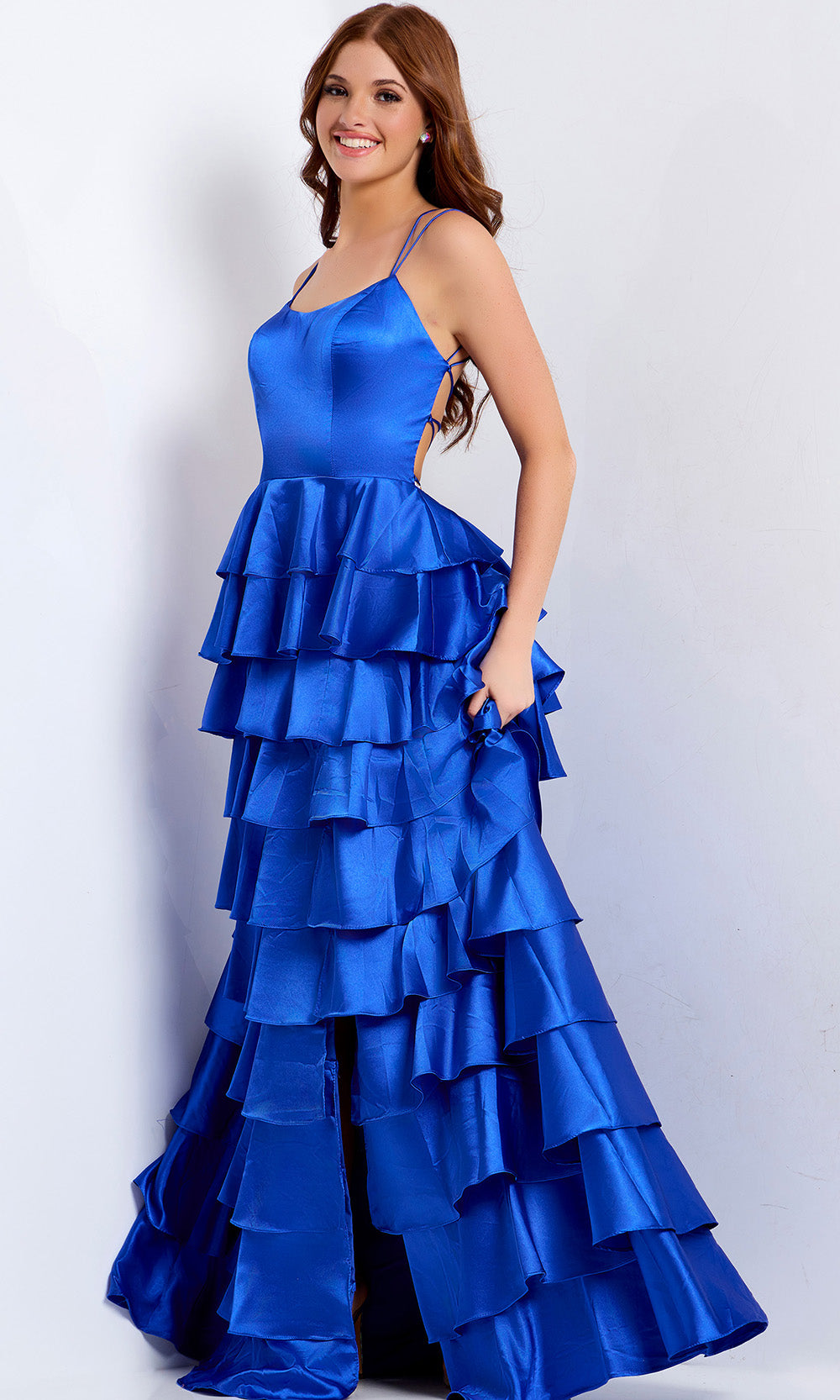 Jovani 48295 - Spaghetti Strap Tiered Satin Gown