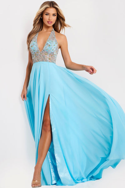 Jovani 48300 - Halter Neck Flowy A-Line Gown Prom Dresses in In Blue