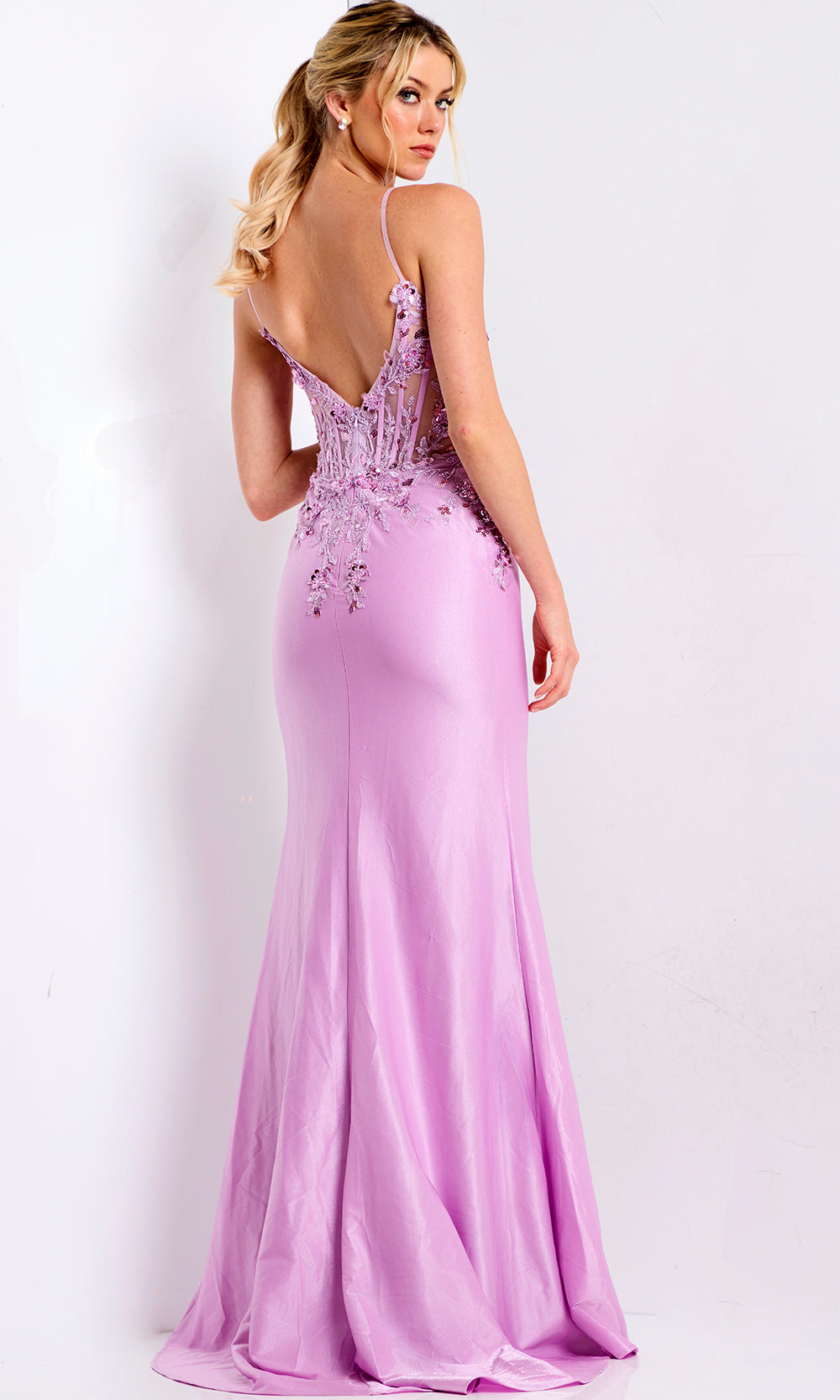 Jovani 48315 - Beaded Lace Spaghetti Strap V-Neck Gown